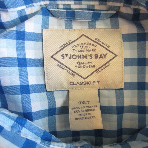 St John's Bay Classic Fit Long Sleeve Blue/White Plaid Men's 3XLT Button Shirt - Picture 3 of 5